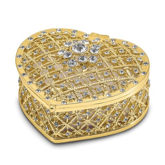 Bejeweled Filigree Heart with Ring Pad Trinket Box